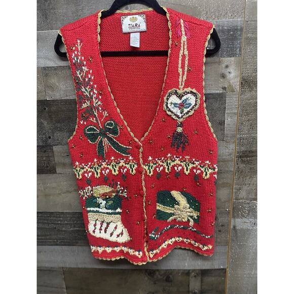 Tiara Christmas Embellish Embroidered Sweater Vest Red Women’s Large VINTAGE - Picture 1 of 7